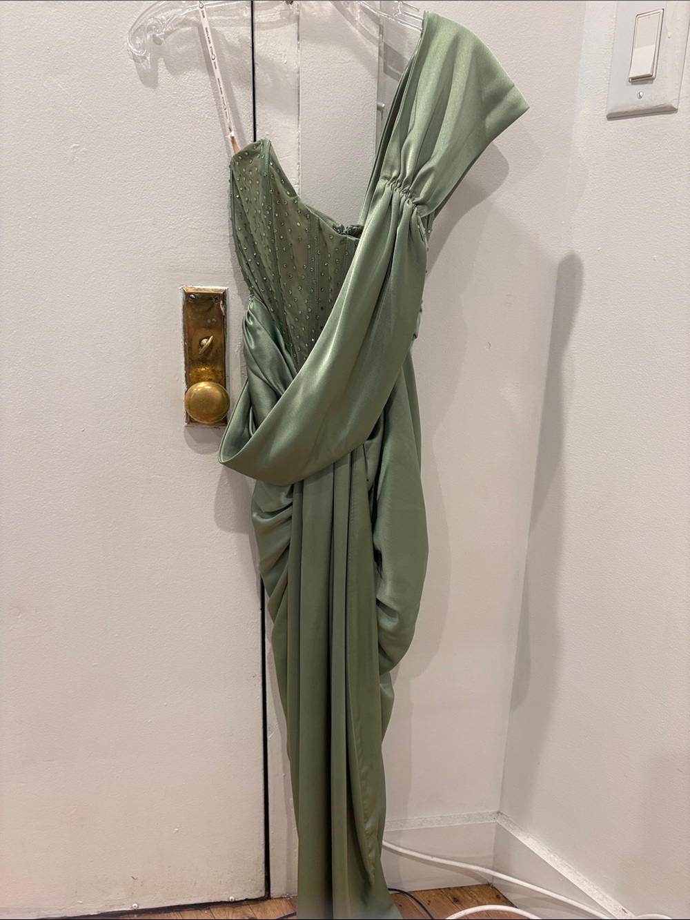 Sage Green One-Shoulder Draped Evening Dress